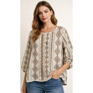 Ana & Rose Blouse Size S Embroidery Geometric Print 3/4 Sleeve